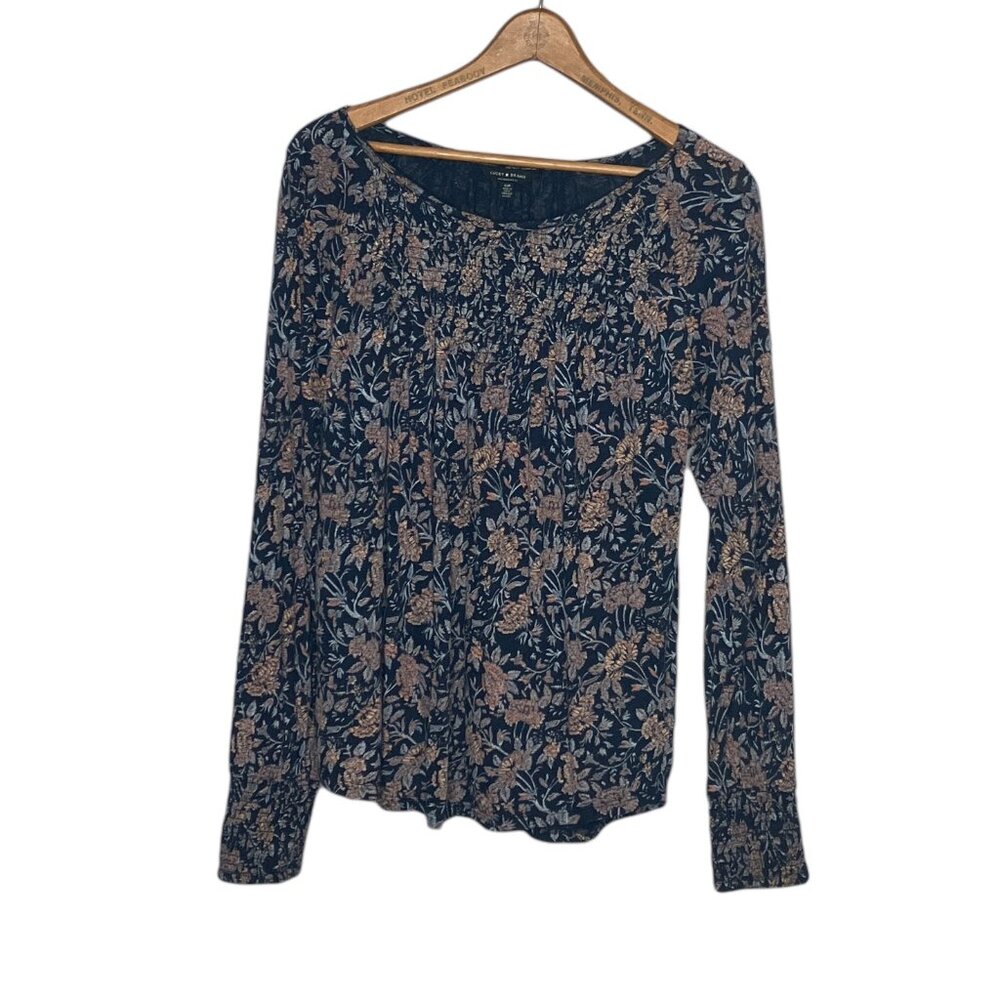 Lucky Brand Small S Blue Floral Smocked Neckline Long Sleeve Cotton Modal‎ Top